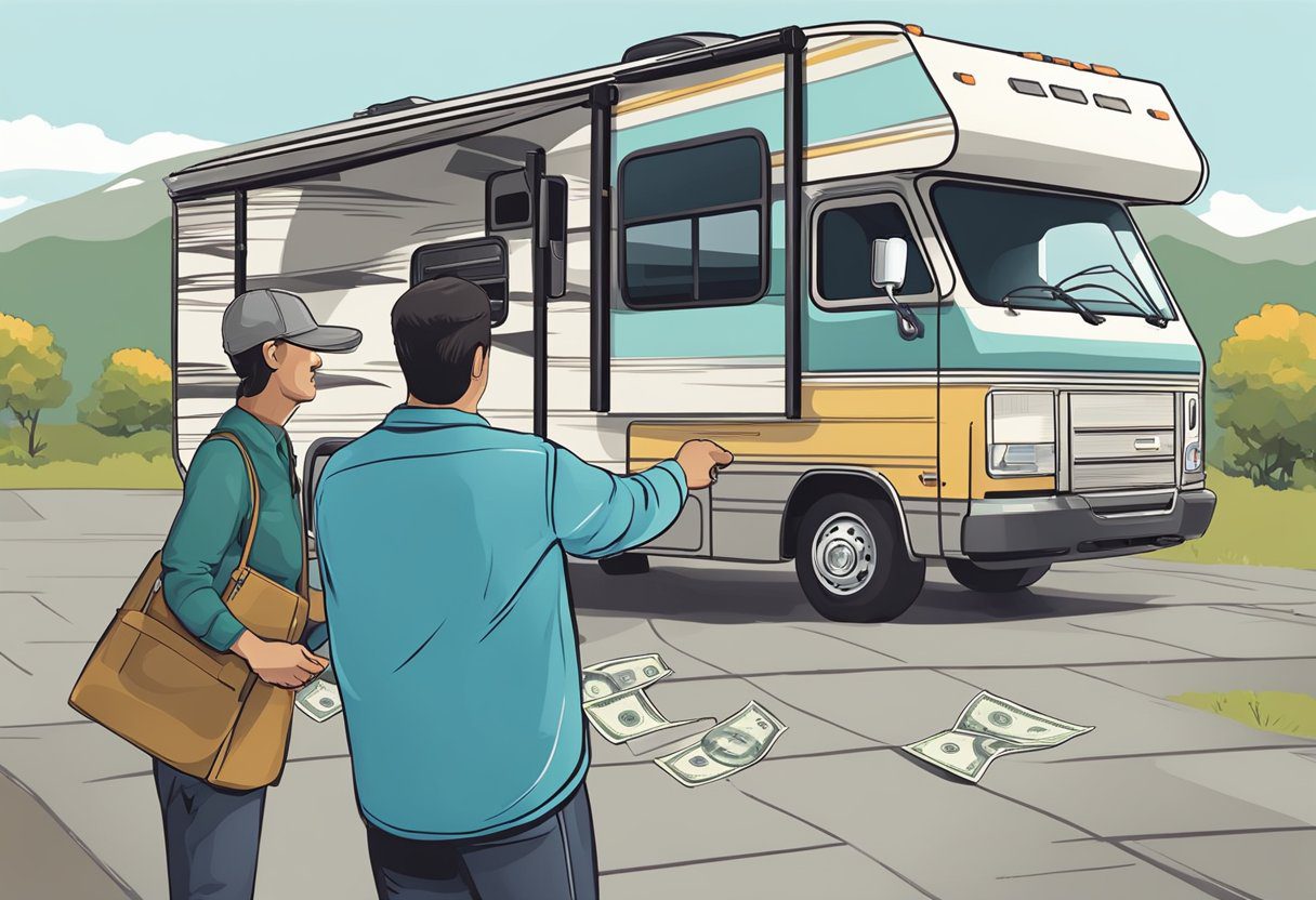 A person handing over cash to a seller in exchange for an older or customized RV