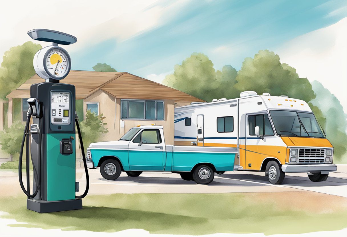 A gas pump with the meter running higher than expected, an RV parked nearby with various unexpected repair costs piling up