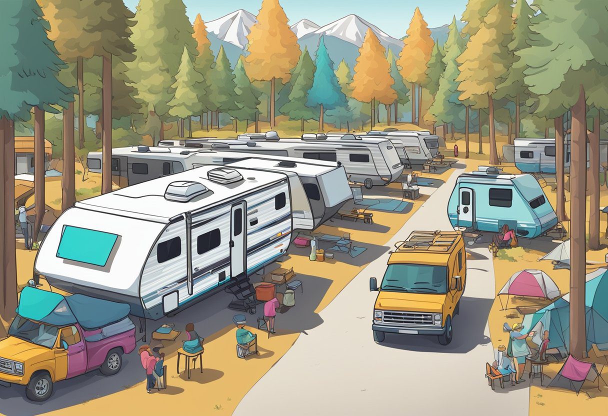 An RV parked in a crowded campground, surrounded by other vehicles and campers. A sign displays peak season fees. Nearby, a mechanic works on a broken-down RV