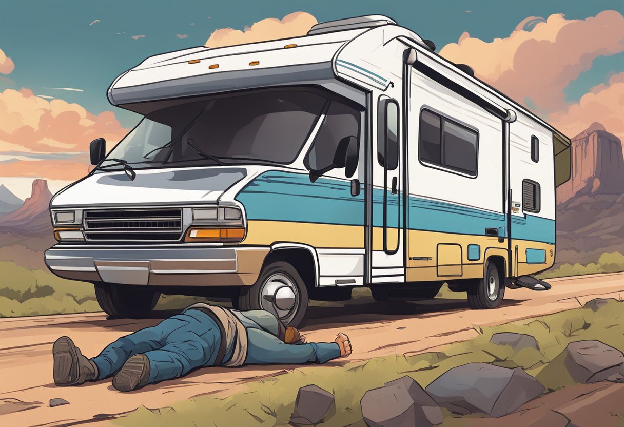 A broken down RV on the side of the road with a flat tire and steam coming from the engine, while the travelers look worried and stressed about the unexpected expenses