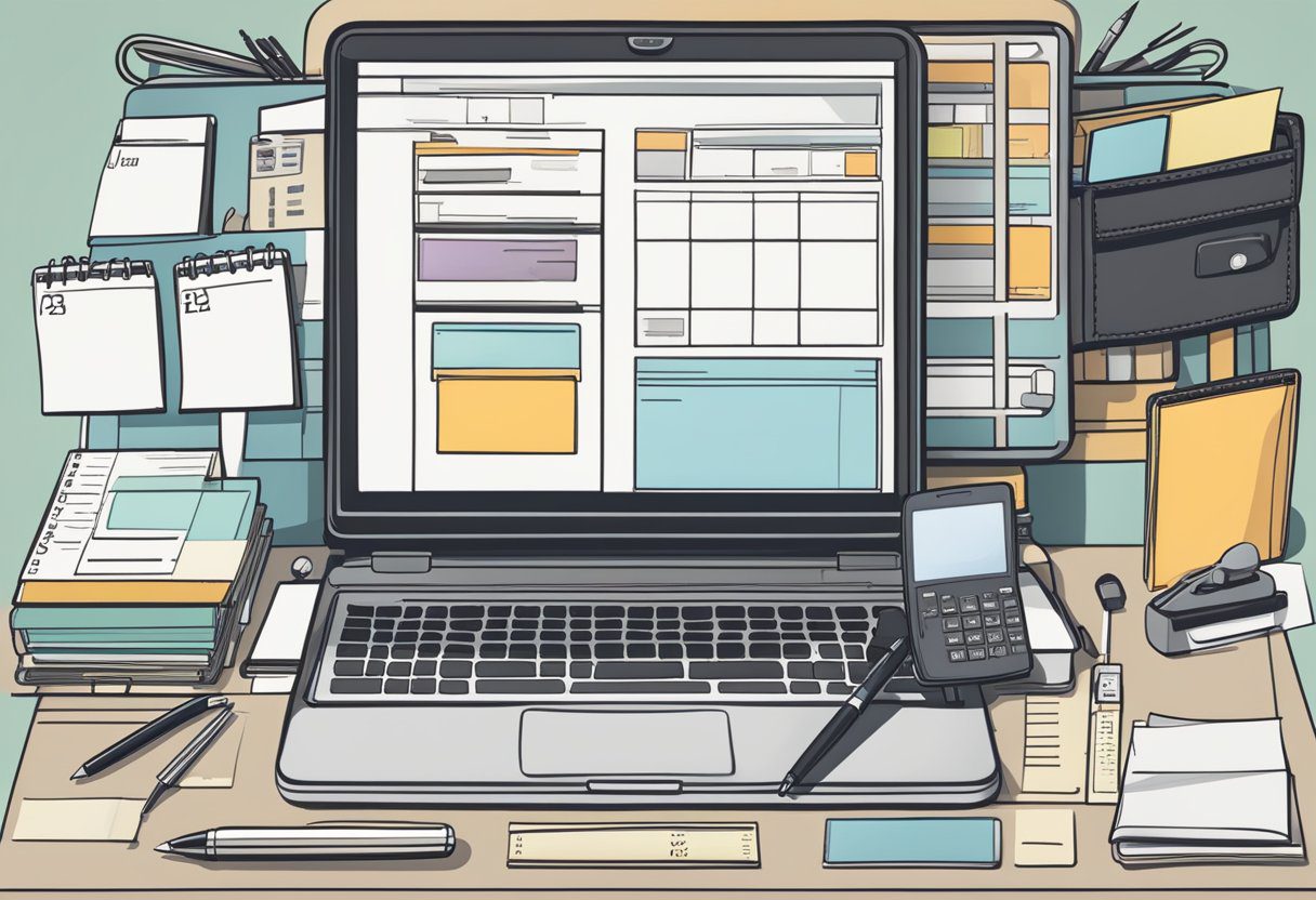 An open RV dashboard with a mileage log book, pen, calculator, receipt organizer, and laptop for tracking expenses