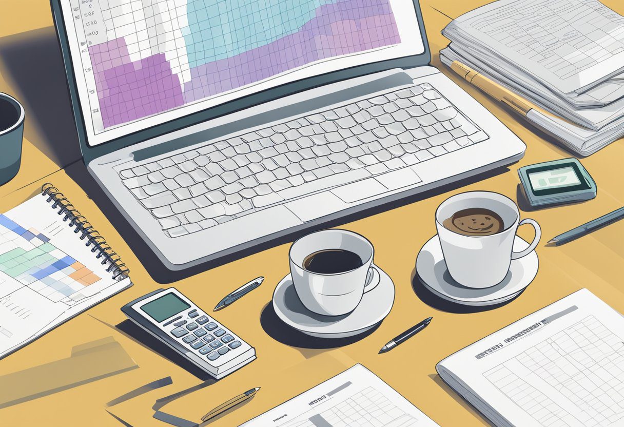 A desk with a laptop open to an expense spreadsheet, surrounded by a calculator, pen, notebook, and coffee mug