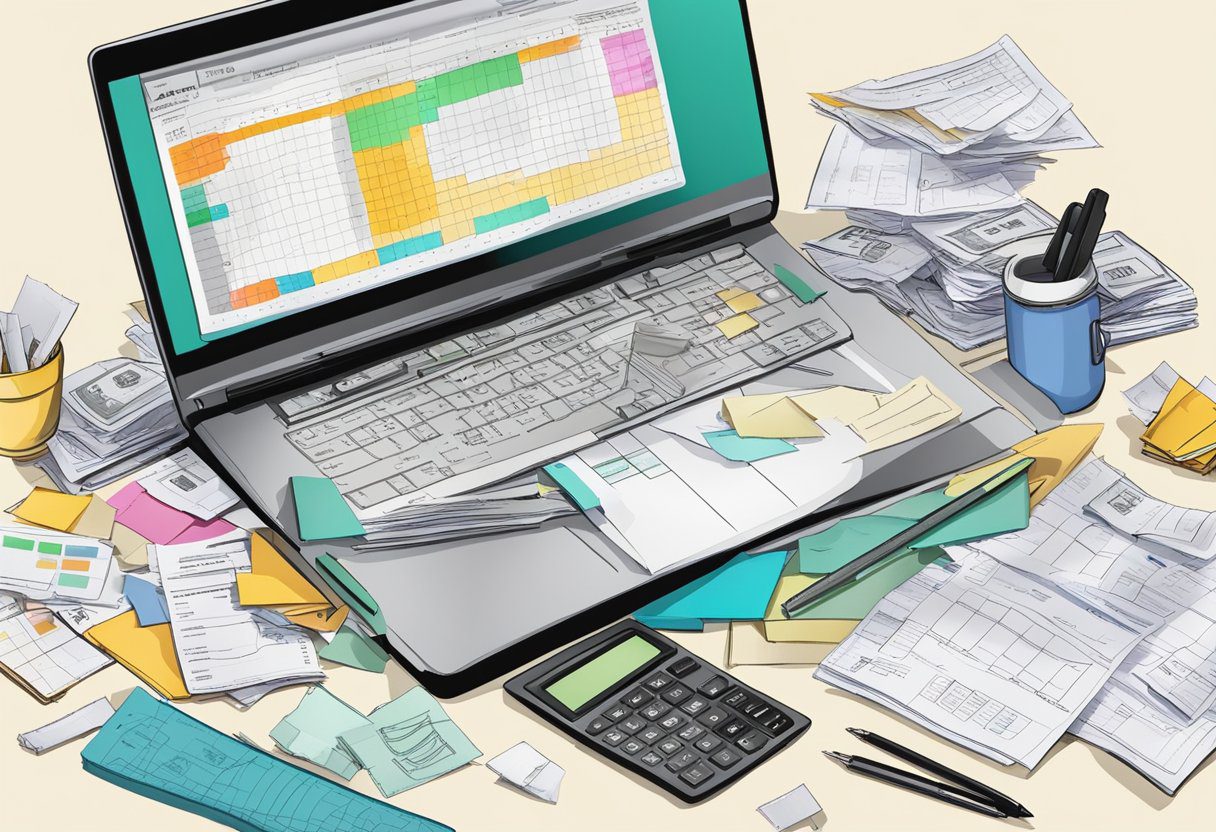 A cluttered desk with scattered receipts, a calculator, and a notebook with messy scribbles. An open laptop displays a spreadsheet of RV expenses
