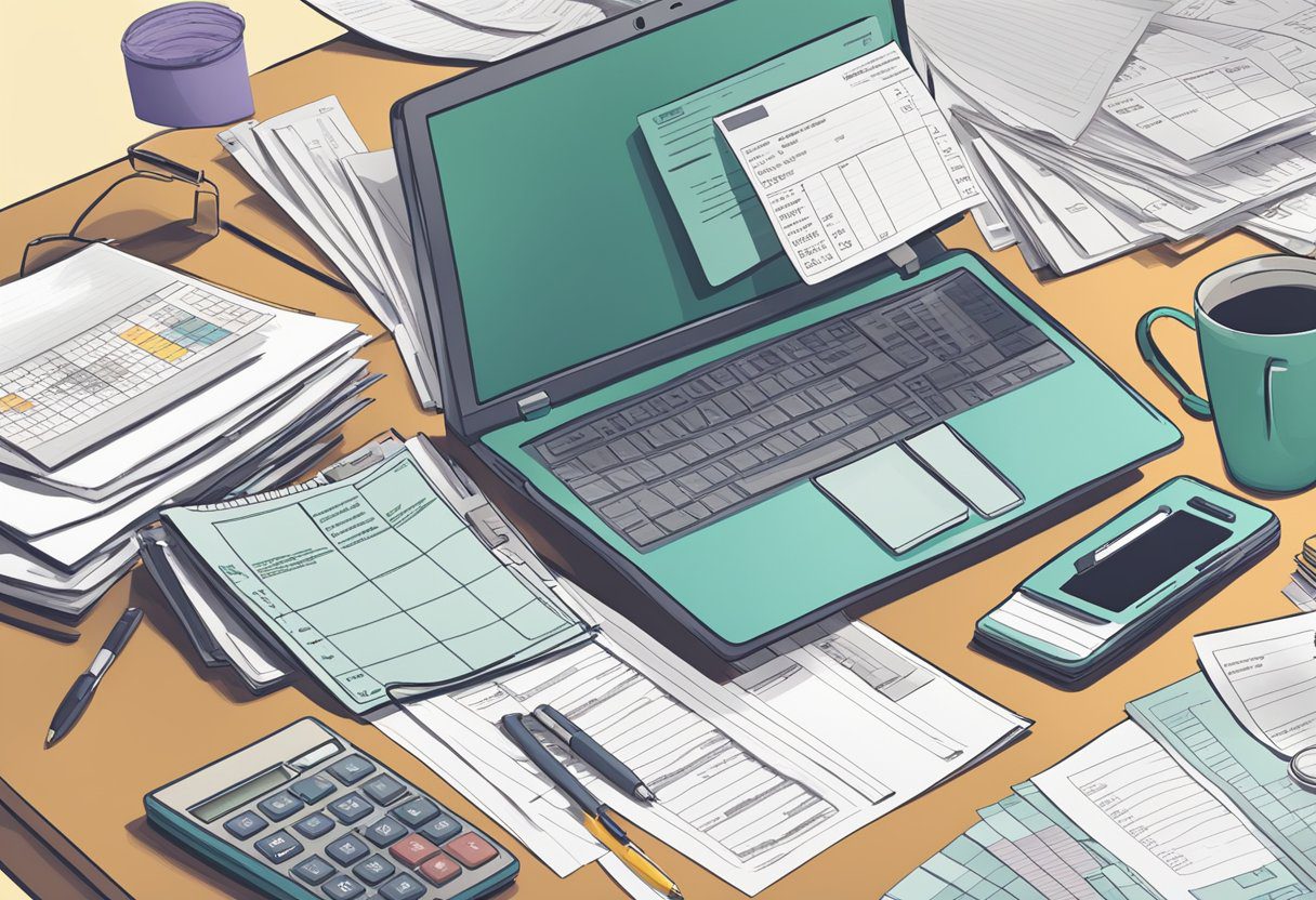 A cluttered desk with various receipts, a laptop open to a budgeting spreadsheet, and a stack of unpaid bills
