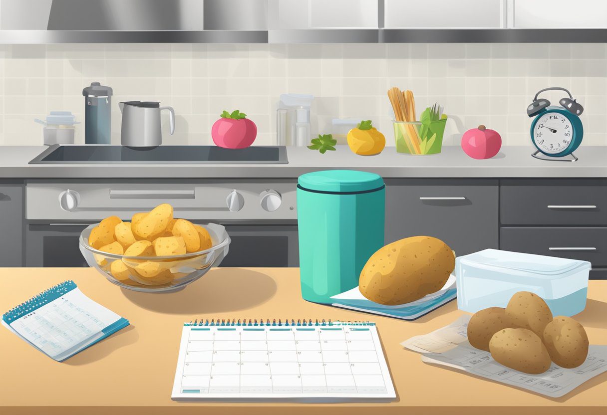 A kitchen counter with baked potatoes in foil, a meal prep container, a calendar with expense tracking notes, and a piggy bank