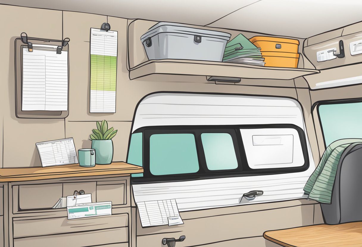 Command Hooks attached to RV walls with expense tracking sheets and money-saving tips displayed