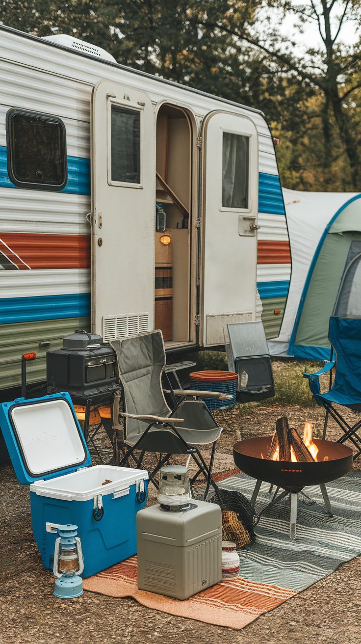 A vintage RV campsite with a fire pit, chairs, and retro accessories.