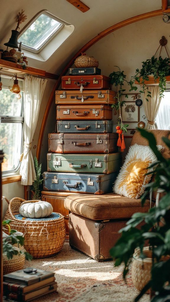 A cozy RV interior featuring a stack of vintage suitcases for storage, surrounded by plants and warm decor.