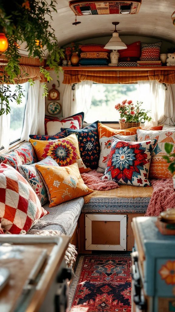 Cozy RV interior decorated with colorful vintage throw pillows
