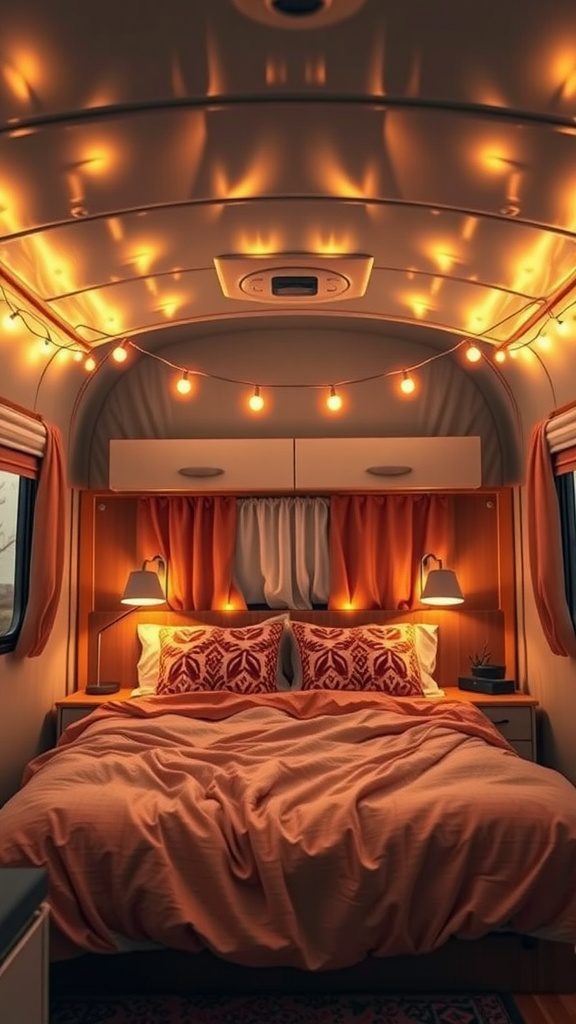 Cozy RV bedroom with warm lighting, string lights, and soft bedding