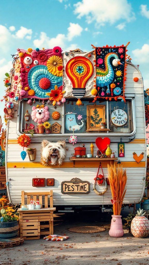 A colorful boho chic RV adorned with whimsical decorations, featuring vibrant wall hangings and playful accessories.