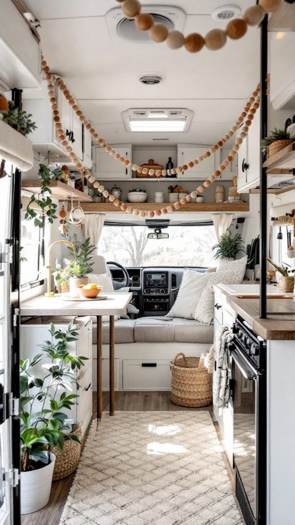 Interior of a beautifully decorated RV featuring wooden bead garlands, plants, and a cozy seating area.