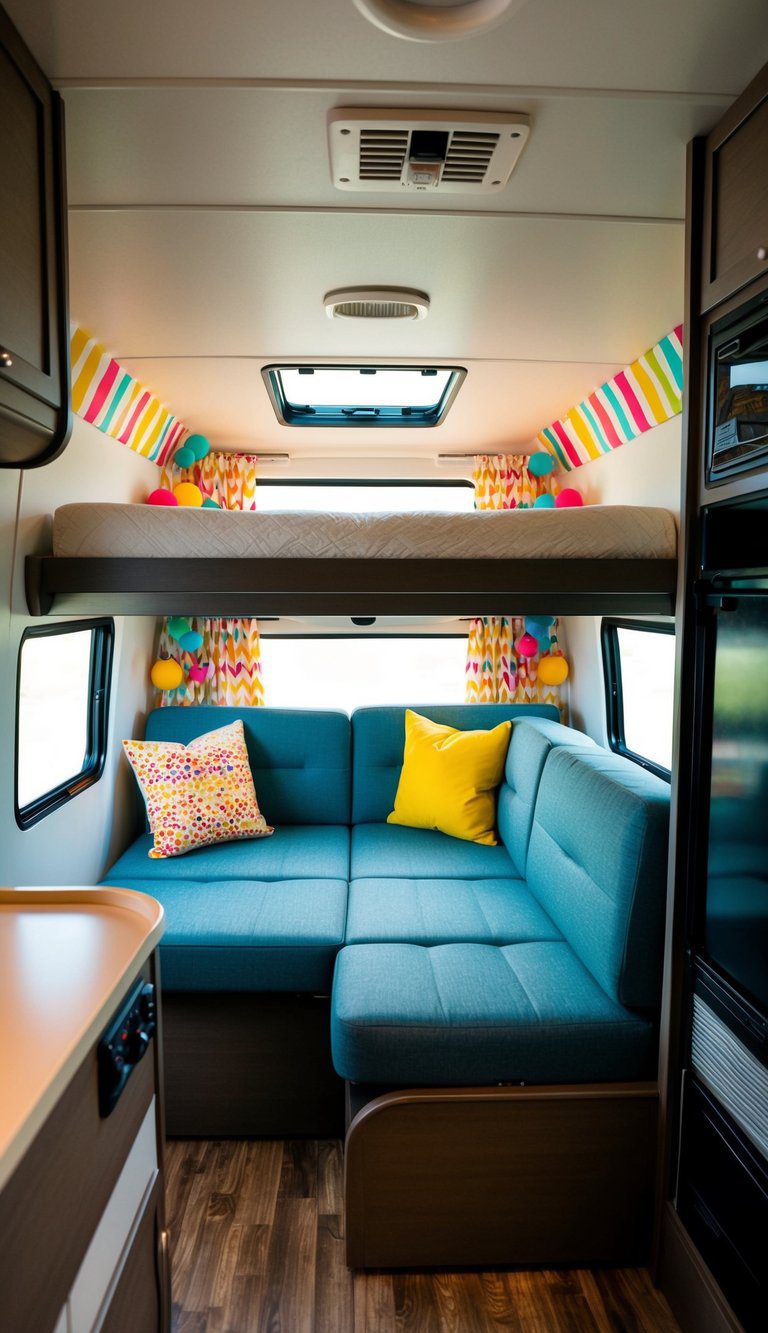 A compact RV interior with a convertible bunk bed transforming into a sofa, surrounded by playful and colorful decor