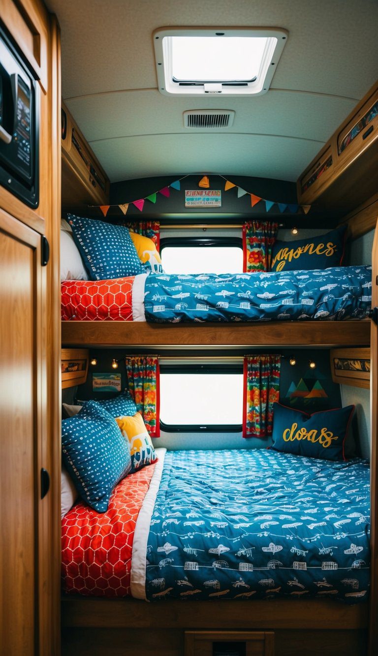 Four-tiered bunk beds nestled in an adventurous RV interior, complete with themed bedding and playful decor