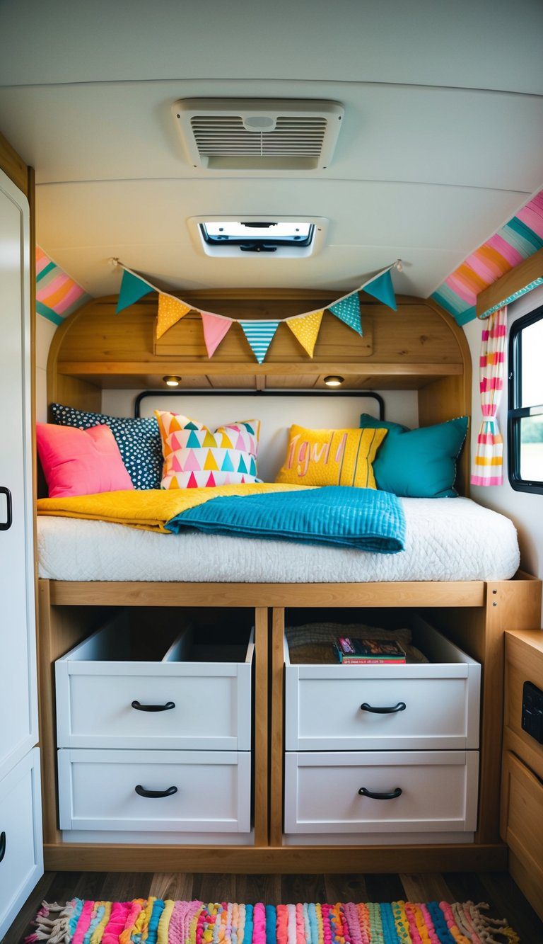 A cozy RV bunk bed with integrated storage drawers, surrounded by playful decor and bright colors
