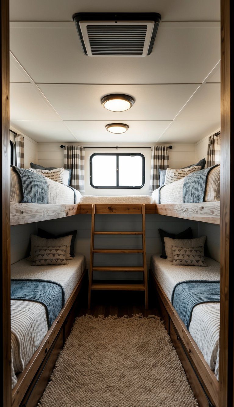 A cozy farmhouse bunkroom with 22 RV bunk bed layouts, perfect for kids