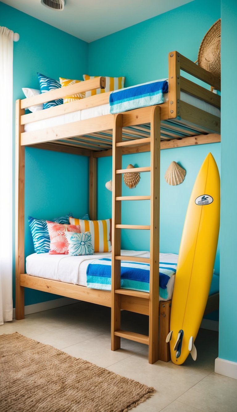 A beach-themed bunk bed with a ladder leading up to the top bunk, featuring colorful beach towels, seashell decor, and a surfboard leaning against the wall