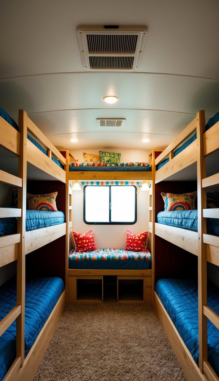 A spacious, well-lit bunkhouse with 22 RV bunk beds arranged in a playful and inviting layout for kids