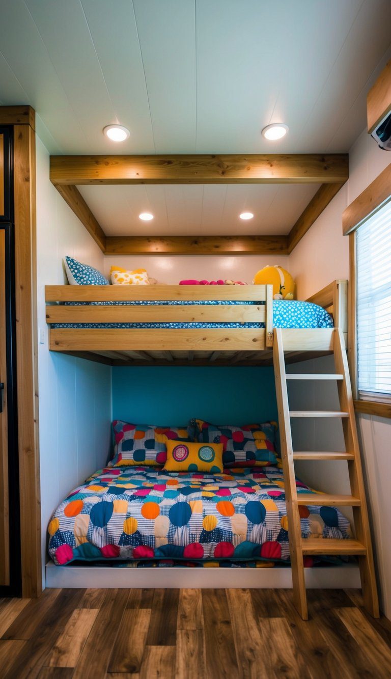A cozy loft bed nestled in a wooden frame, with a hidden nook underneath, surrounded by playful and colorful RV bunk bed layouts