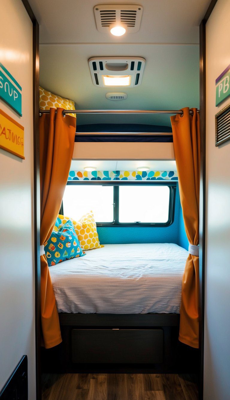 A modern bunk bed with privacy curtains in a cozy RV interior, surrounded by playful and colorful decor