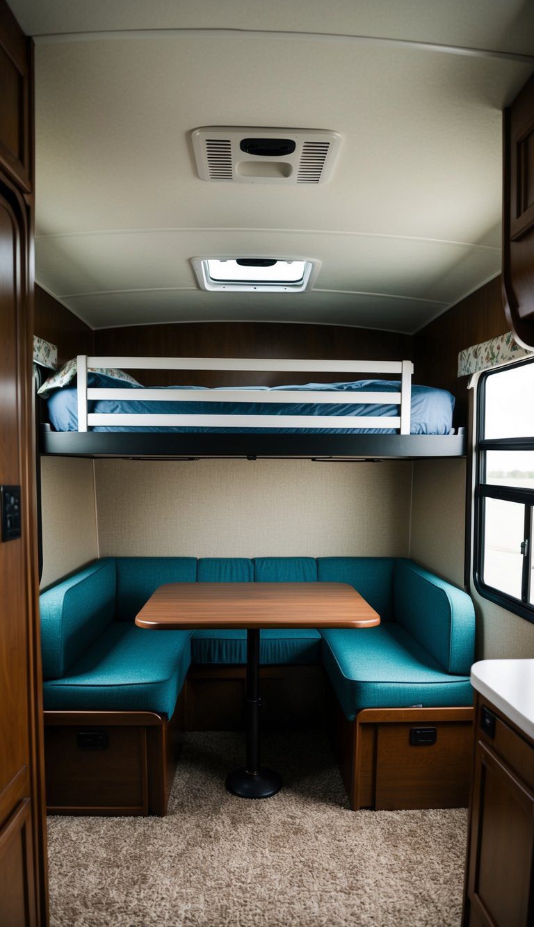 Two bunk beds stacked over a dinette converted into a bed in a cozy RV interior