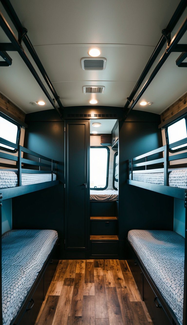 Industrial-style bunk beds with metal accents in a spacious RV layout, designed for kids