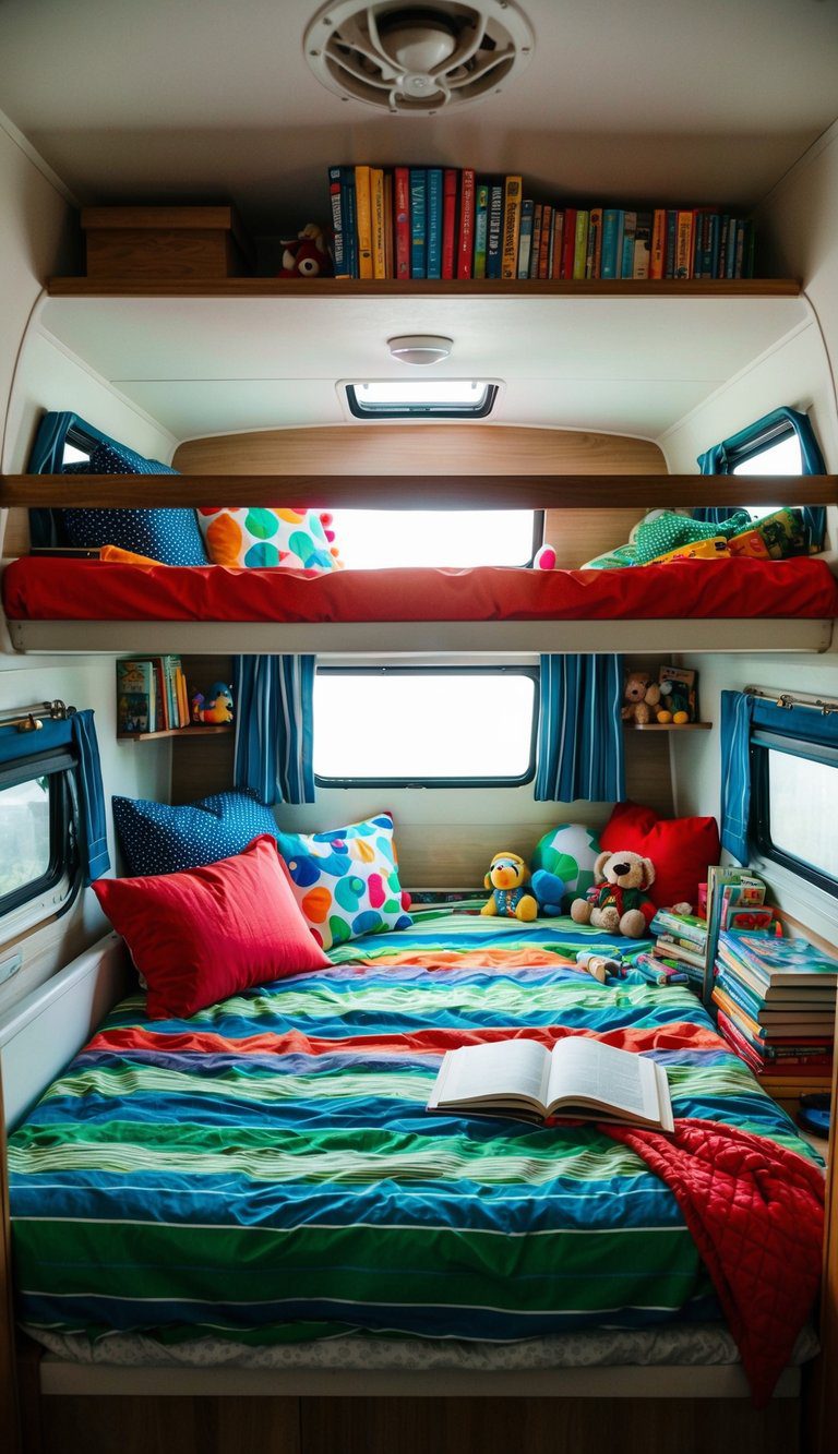 A cozy vintage RV bunk bed with colorful bedding, books, and toys neatly organized in the space