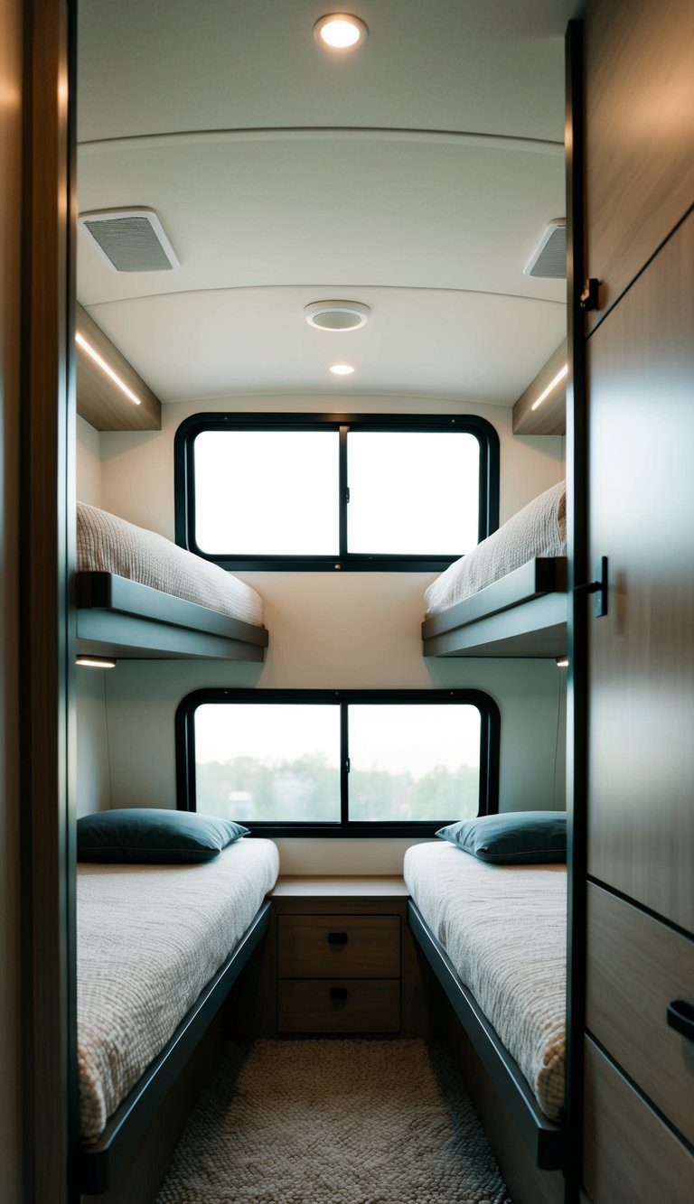 Two modern bunk beds in a minimalist RV interior with neutral colors and sleek design