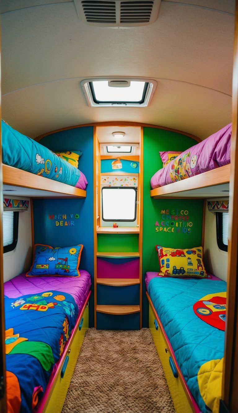 Vibrant, custom-decorated bunk beds in an RV, each with unique drawings and colorful bedding, creating a playful and inviting space for kids