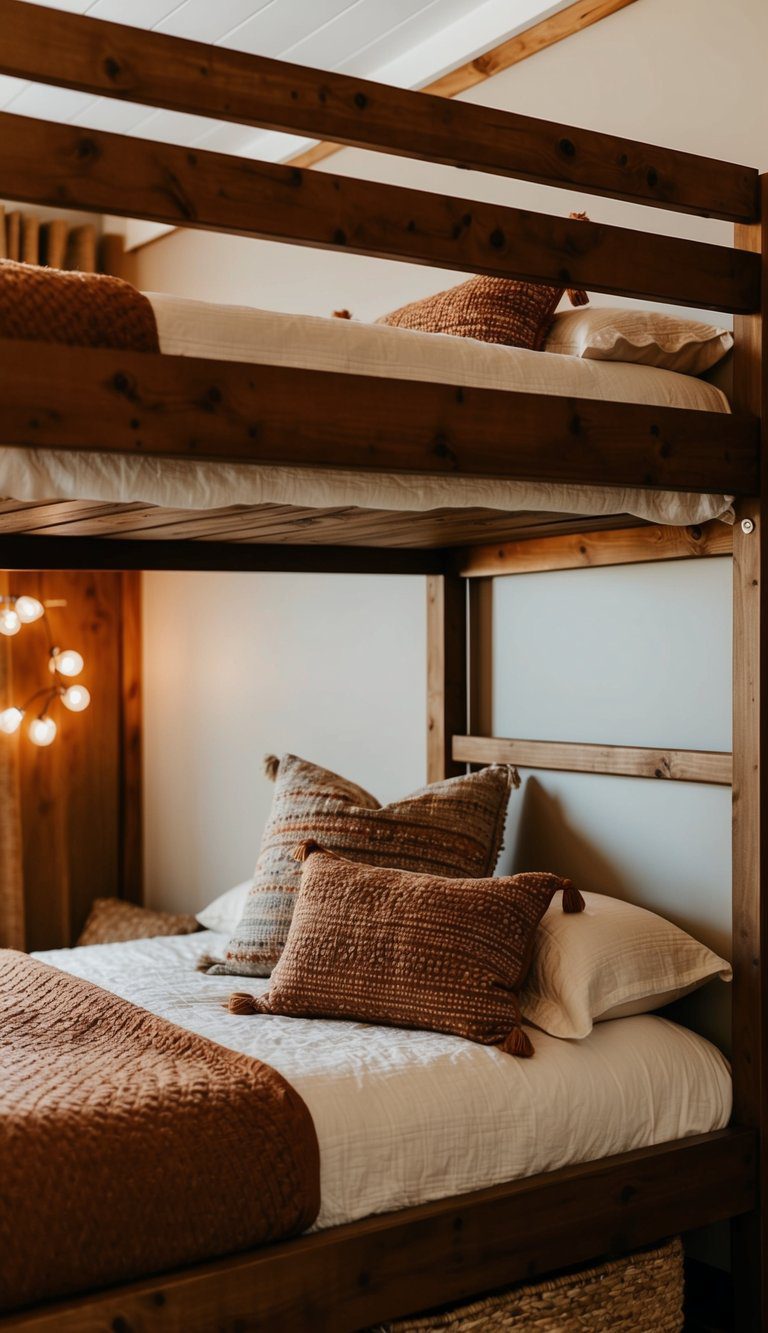 A cozy, rustic bunk bed layout with traditional wooden frames and warm, earthy color palette
