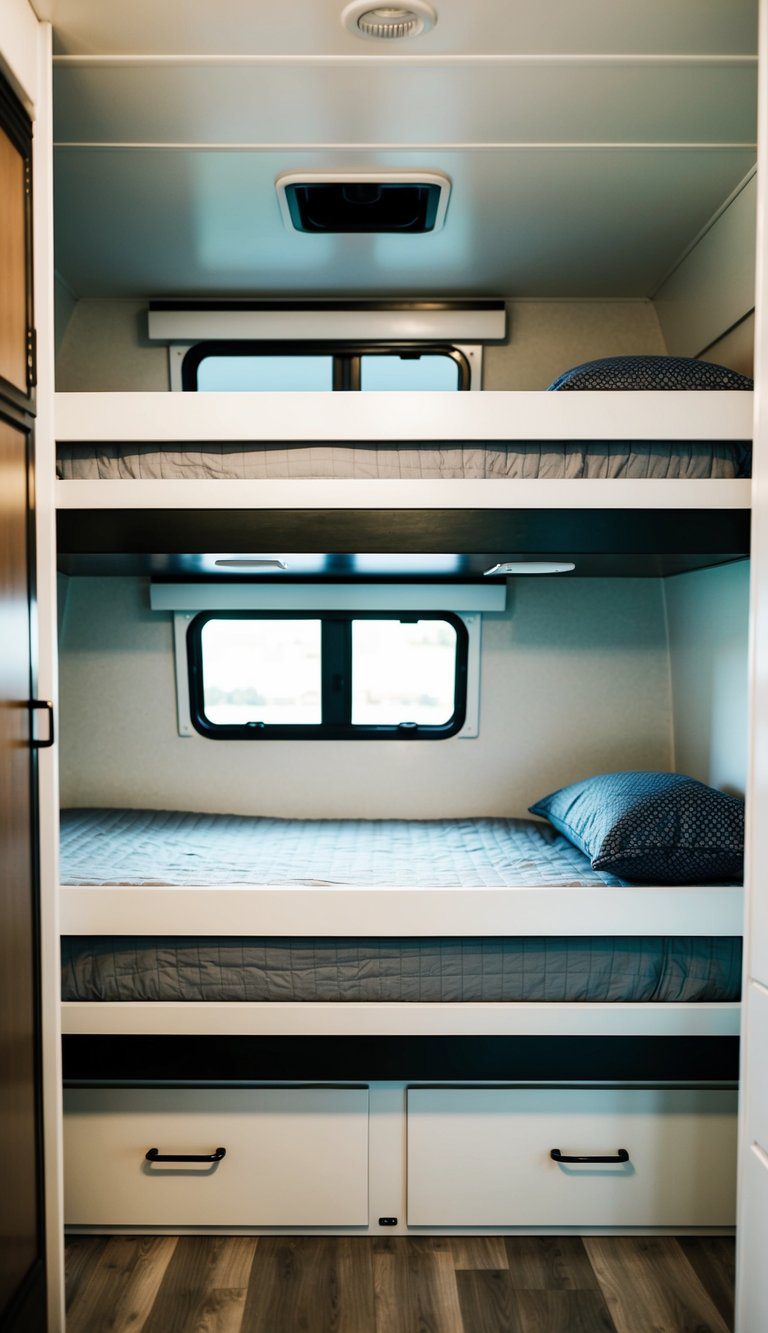 Two sleek, minimalist bunk beds in a tidy RV interior, with clean lines and modern design