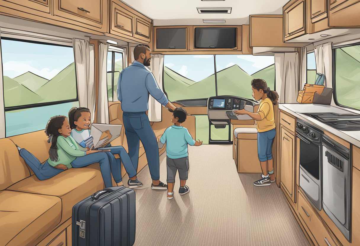 A family excitedly loads luggage into a spacious RV, while a helpful rental agent goes over important details with them