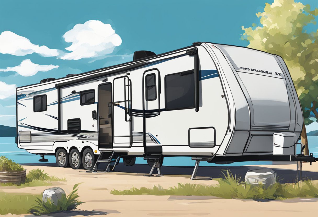 The RV sits under a bright blue sky, awnings left open. No one around to supervise. Other RVs in the background