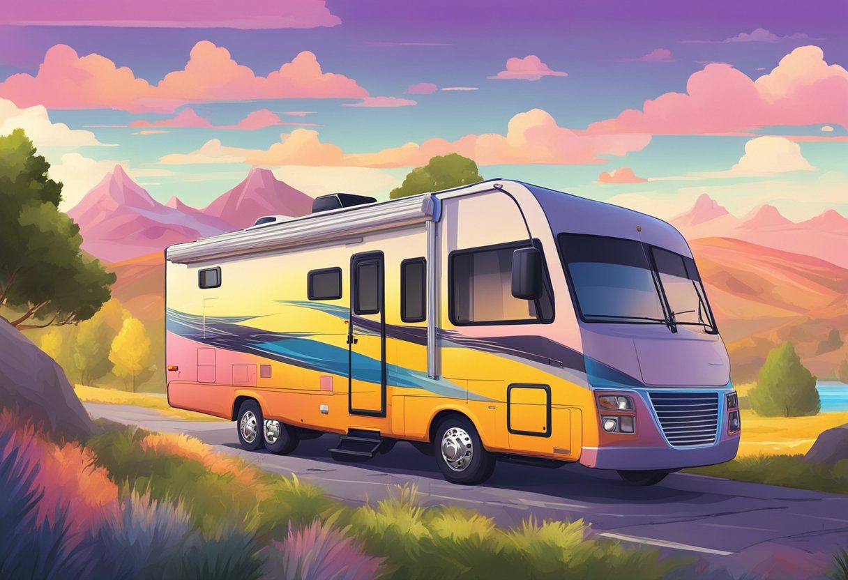 A colorful RV parked in a scenic natural setting, with open road leading into the distance and a sense of adventure in the air