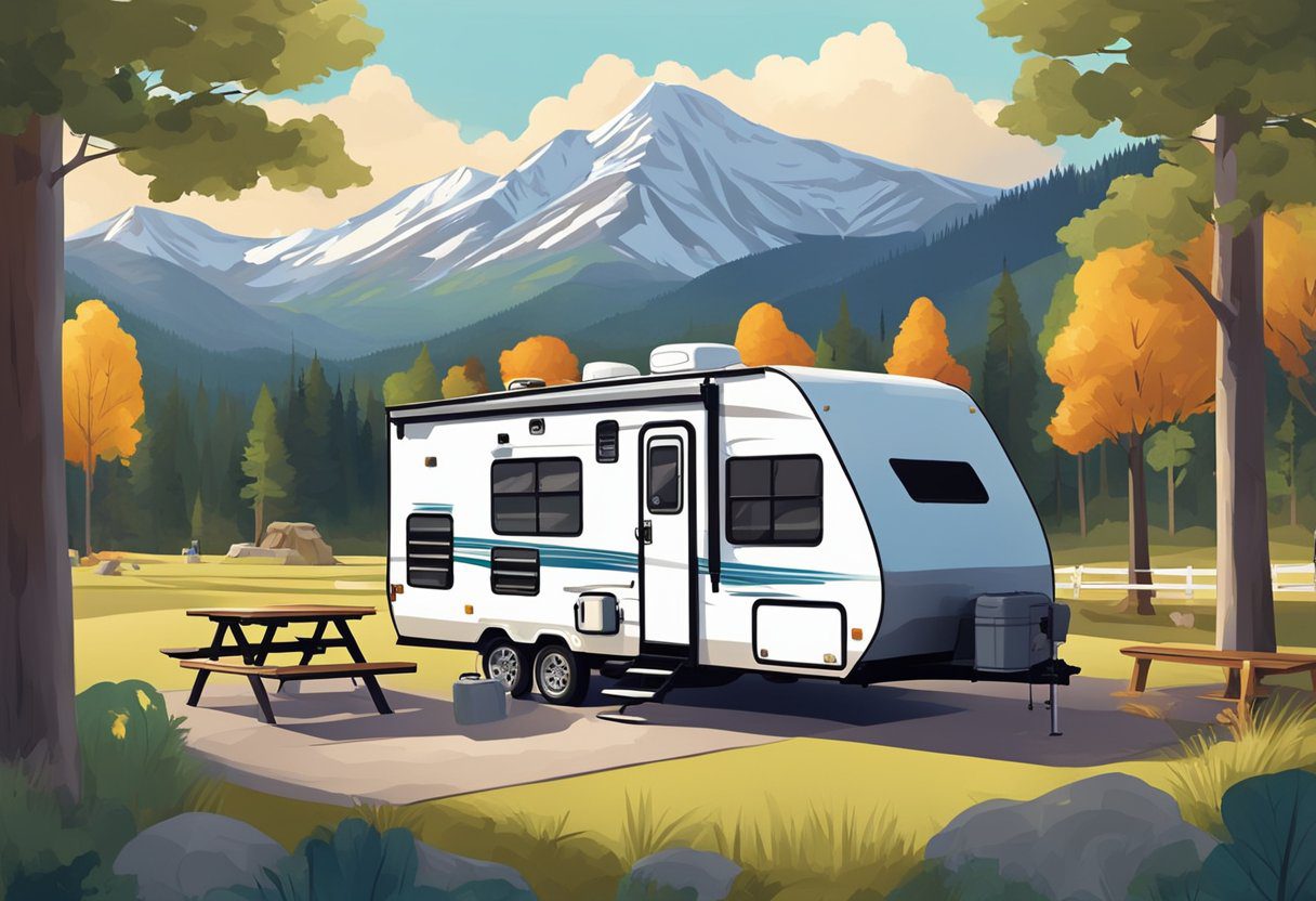 An RV parked in a scenic campground with a picnic table and chairs outside, surrounded by trees and a mountain in the background
