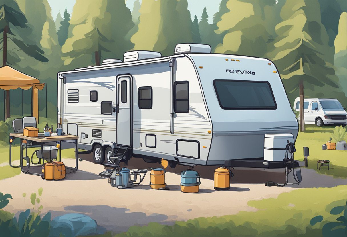 An RV parked at a campsite, with a propane tank being filled by a service technician. Other hidden costs of RVing are subtly hinted at in the background