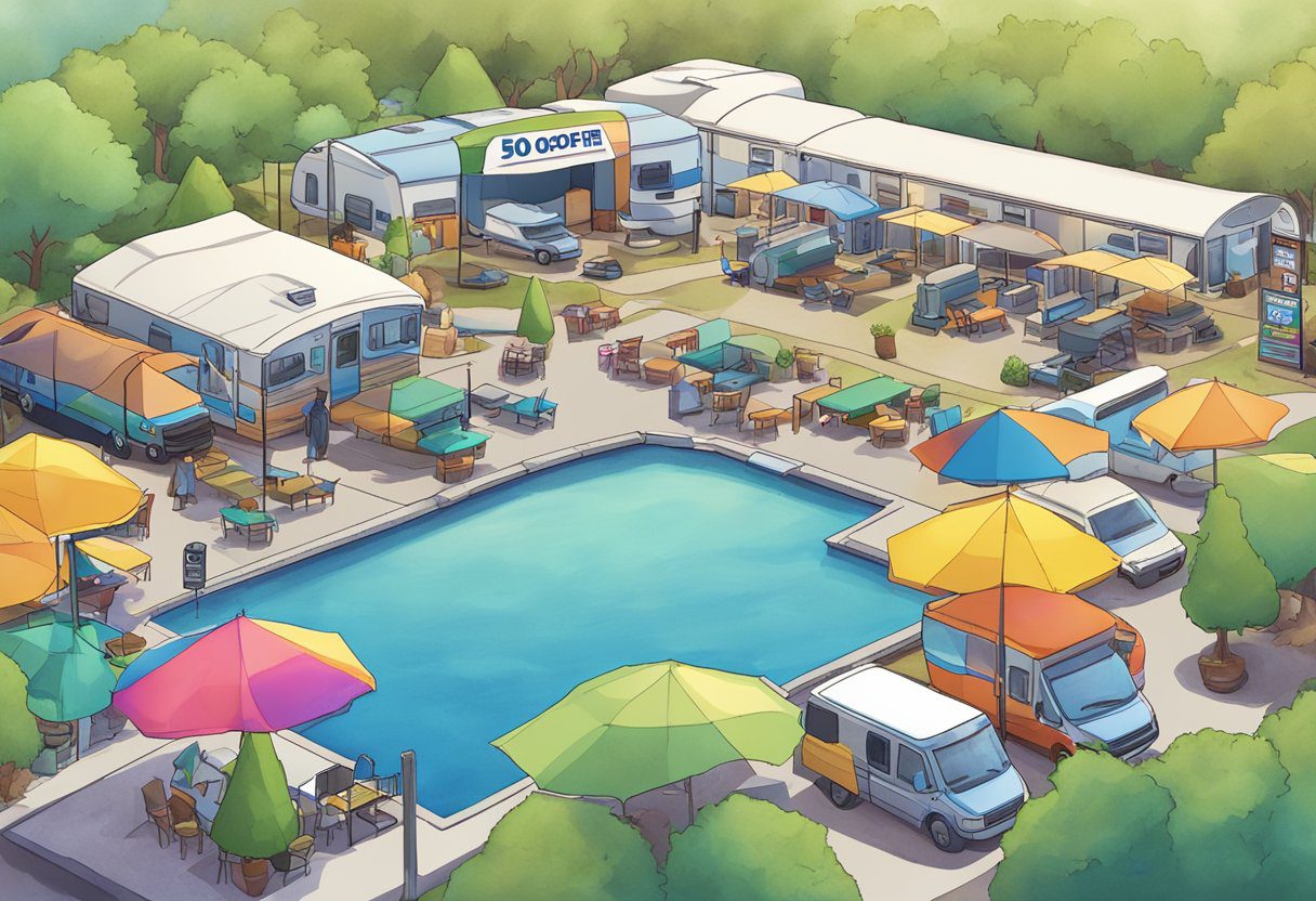 A colorful RV park with a "50% off" sign and Passport America logo displayed prominently at the entrance