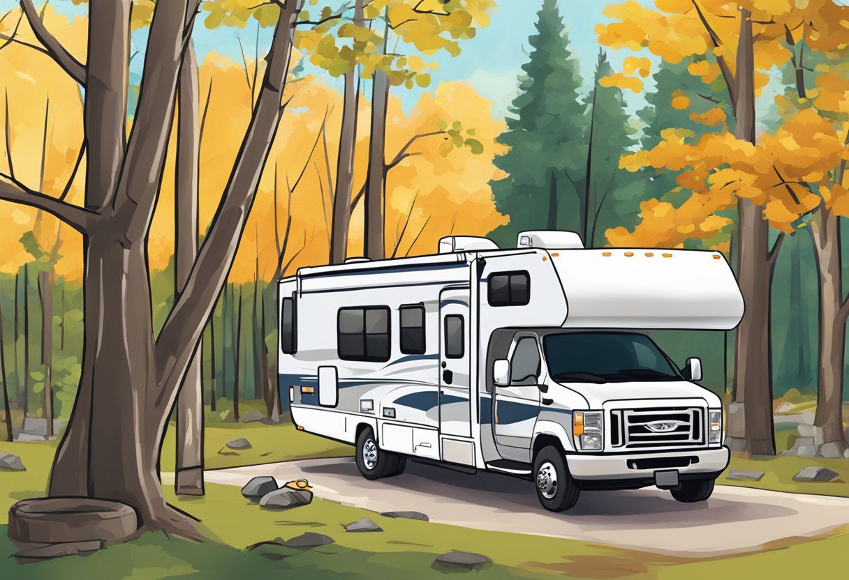 An RV parked at a campground with a CoachNet sticker on the window, surrounded by trees and other RVs