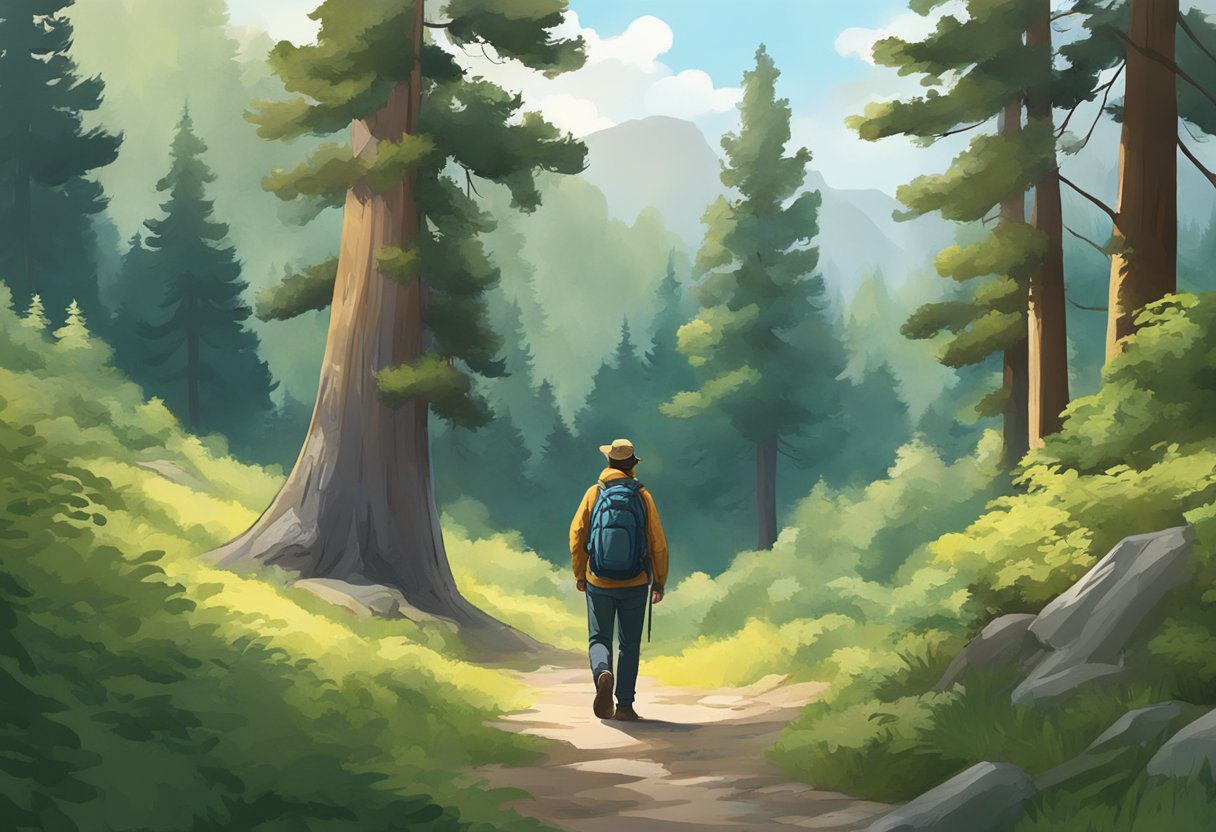 A hiker stands still as a bear approaches, speaking calmly. The forest surrounds them, with trees and bushes in the background