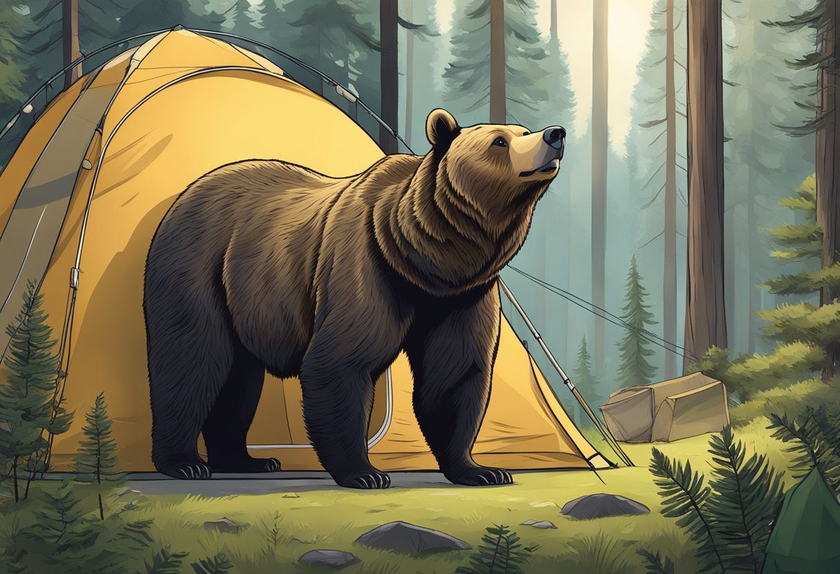 A bear stands on its hind legs, sniffing the air with its nose raised, surrounded by a forest clearing with a camping tent in the background
