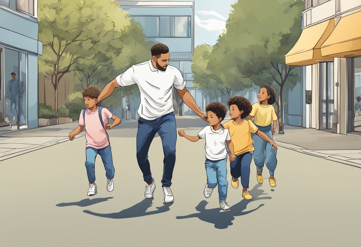 A person picks up small children, preventing them from running or panicking