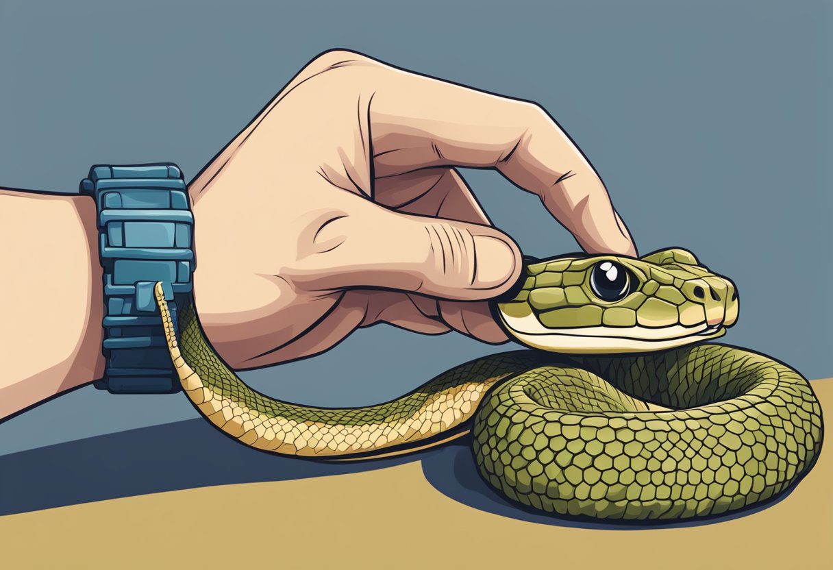 A hand reaching down to remove a bracelet near a snake bite, with a sense of urgency and concern