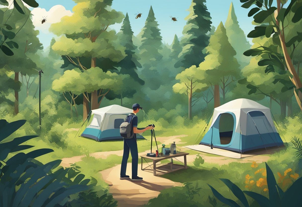 A campsite surrounded by dense foliage, with mosquitoes buzzing around. A person is seen spraying bug spray to keep the insects away