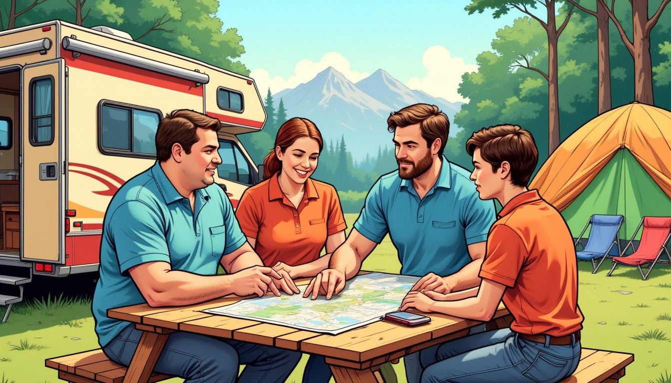 Four adults collaborate around a picnic table in a campground.
