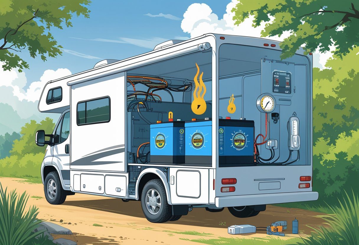 An RV with a cutaway view showing gel batteries inside, highlighting problems like overheating and corrosion in an outdoor setting.