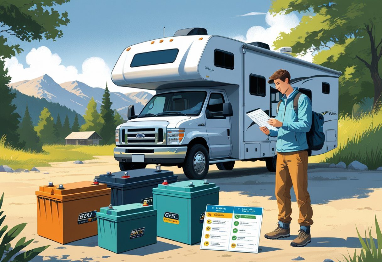An RV parked outdoors with a person examining different types of RV batteries, including a gel battery, displayed in front of the vehicle.