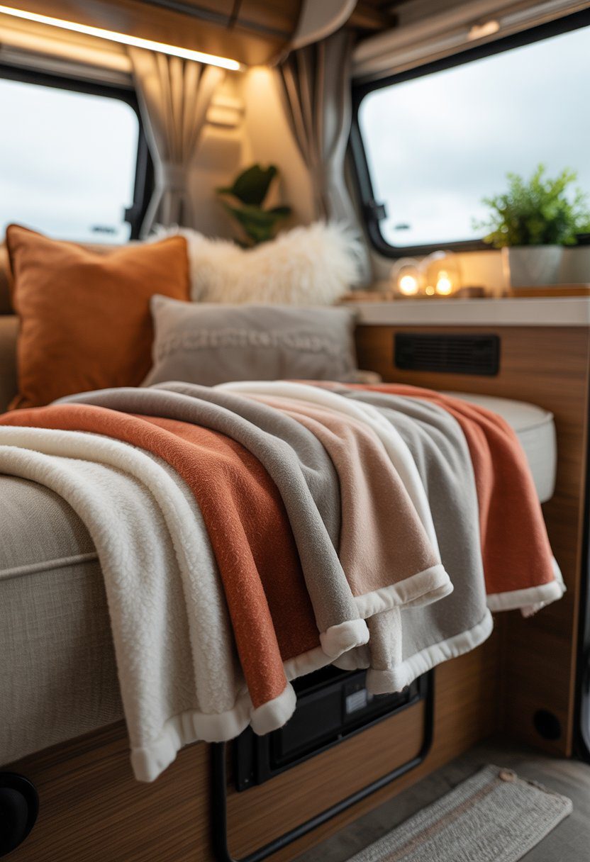 An RV couch decorated with soft fleece throw blankets and pillows, creating a cozy and inviting seating area.