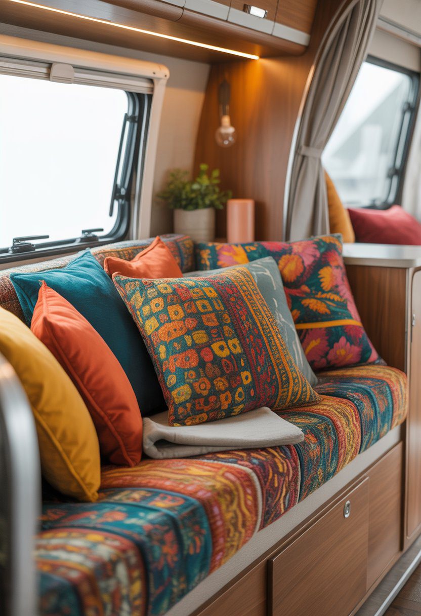 A cozy RV couch decorated with colorful patterned throw pillows in a warm, inviting interior.