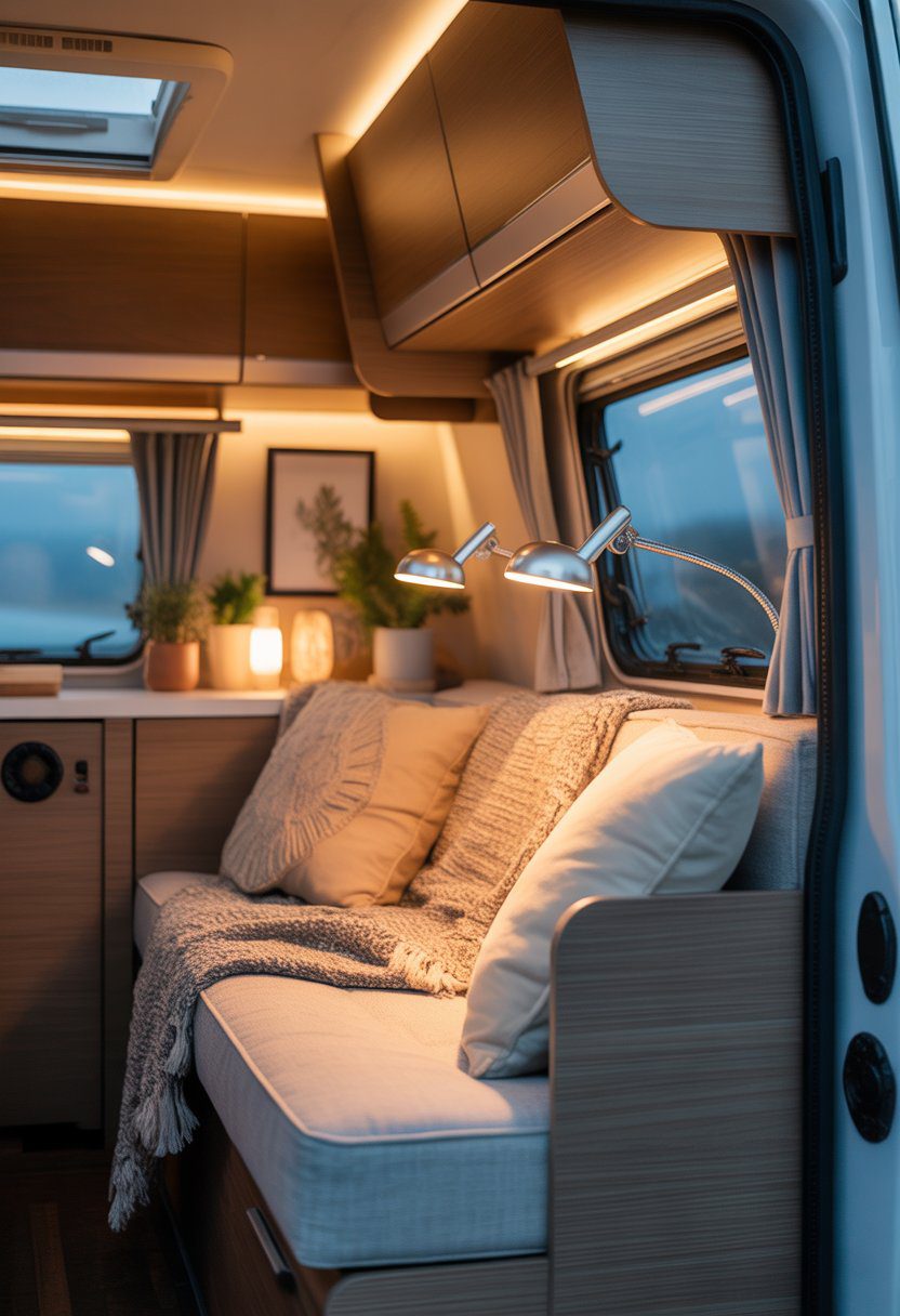 A cozy RV interior with a couch illuminated by clip-on reading lights, featuring cushions and soft lighting.
