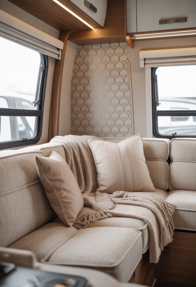 An RV living area with a couch and patterned wallpaper behind it, bathed in natural light.